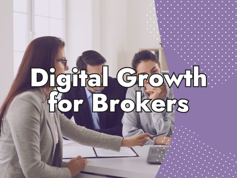 Three people in business attire sit at a table with documents and a laptop. Large text over a purple background overlay reads, "SEO for Insurance Brokers: Digital Growth Made Easy.