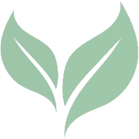 A minimalist green leaf logo with two stylized leaves diverging from a central stem, set against a transparent background.