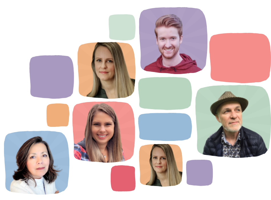 A collage featuring seven people with various colored backgrounds. Some are smiling, others have neutral expressions. A variety of shapes are used to frame each person, creating an artistic and colorful arrangement.
