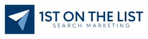 Logo of "1st on the List Search Marketing" featuring a stylized paper plane icon in a blue square on the left, followed by the company name in blue text.