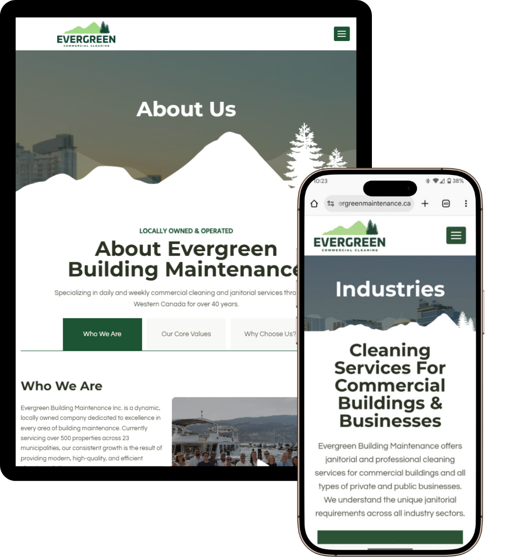 Two devices display the Evergreen Building Maintenance website. The tablet shows the "About Us" page, and the phone shows "Industries" with cleaning services for commercial buildings. Both feature a green and white color scheme with a mountain logo.