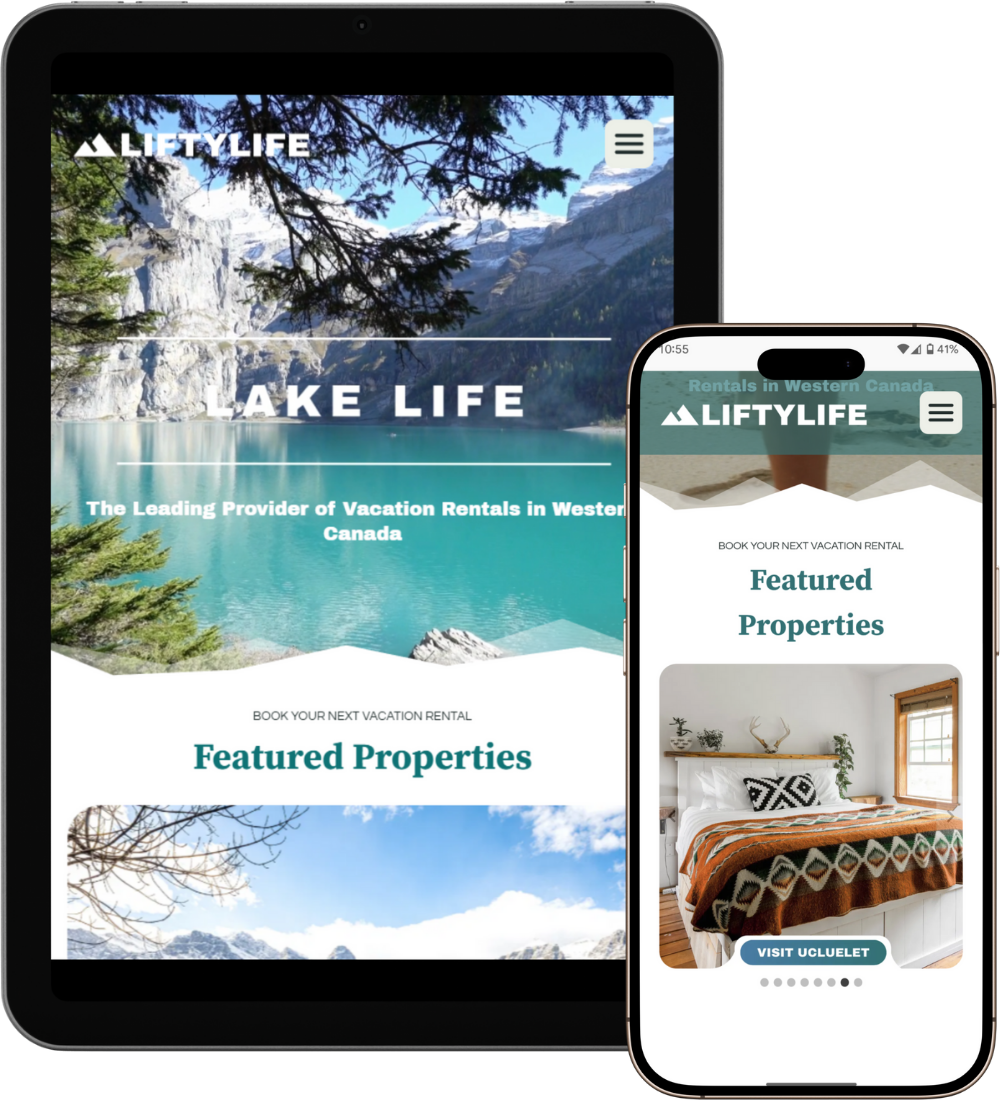 A tablet and smartphone display a vacation rental website with scenic lake and mountain imagery. The site features a header reading "Lifty Life," and sections for "Lake Life" and "Featured Properties.