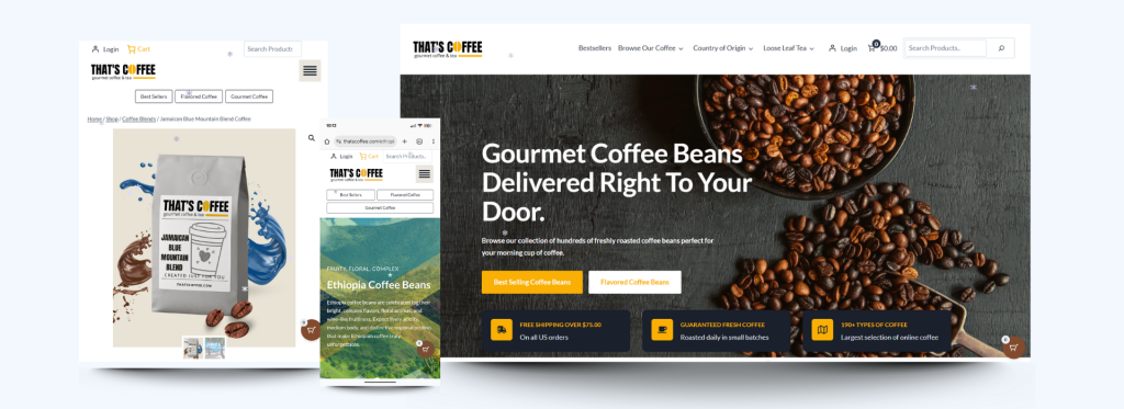 A That’s Coffee website design and mobile app display for a coffee company. The screens show coffee beans, a coffee bag, and text promoting gourmet beans delivered to your door, complete with navigation menus and call-to-action buttons.