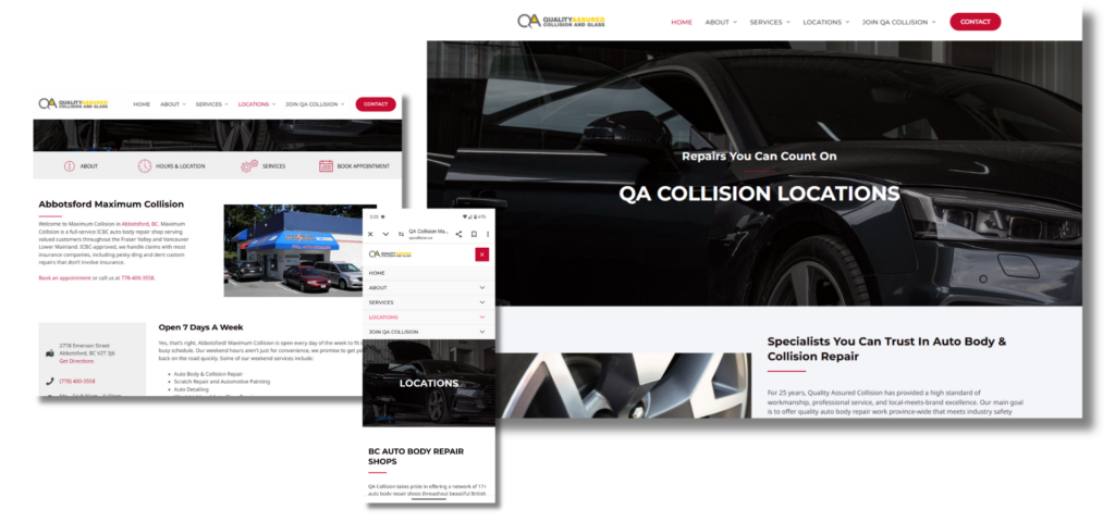 A collage of a website design for "QA Collision Locations." It features an image of a car, the homepage layout with menu options like "About," "Services," "Locations," and a contact button. Visible text includes a shop location and operational details.