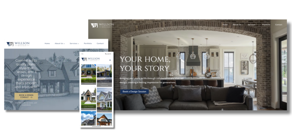 Screenshot of a website's homepage featuring a banner with a modern kitchen and living area, text “Your Home, Your Story,” and a “Book a Design Session” button. Two inset images show a house exterior and a mobile view of the site's portfolio.