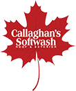 Logo of Callaghan's Softwash featuring white text inside a red maple leaf design. The text reads "Callaghan's Softwash Roof & Exterior." The maple leaf symbolizes Canadian identity or style.