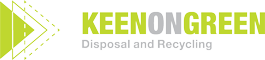 Logo for Keen on Green Disposal and Recycling. The design features three green triangles pointing right, with the text "KEEN ON GREEN" in bold green letters and "Disposal and Recycling" in smaller gray letters below.