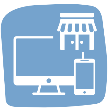 A blue shield icon with a white stylized figure wearing a tie in the upper half, symbolizing protection or security. Below is a computer and a smartphone, representing technology or digital security.