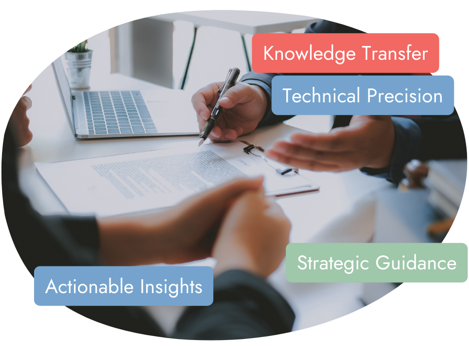 Two people discussing documents at a desk with a laptop. Speech bubbles highlight "Knowledge Transfer," "Technical Precision," "Strategic Guidance," and "Actionable Insights," indicating a focus on detailed and strategic communication.