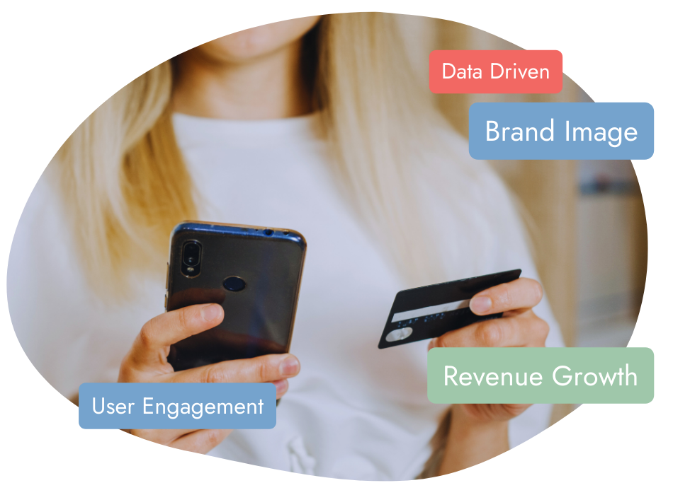 A person in a white shirt holding a smartphone and a credit card. Overlaid text bubbles read "Data Driven," "Brand Image," "User Engagement," and "Revenue Growth.
