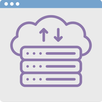 Illustration of a cloud computing concept. A cloud with up and down arrows is above three stacked server icons, all in a purple outline against a light gray background, simulating a web browser window.