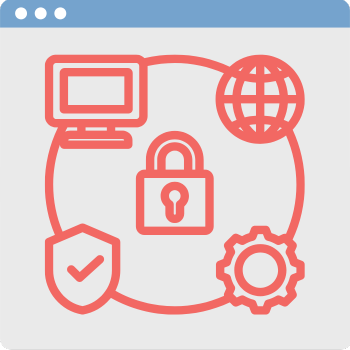 Illustration of a browser window with icons of a computer, globe, padlock, shield with a checkmark, and a gear, all interconnected by a circle. Represents concepts of internet security and global connectivity.