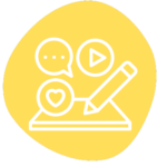 Illustration of a yellow circle with white icons: a speech bubble, play button, heart, and a pencil. These elements are positioned over a rectangular shape, suggesting a concept of creative communication or media.