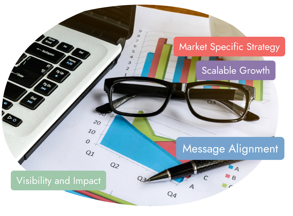 A laptop is partially open next to eyeglasses and a pen on a document with colorful bar graphs. Four colored text boxes read: "Market Specific Strategy," "Scalable Growth," "Message Alignment," and "Visibility and Impact.