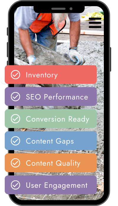 Image of a smartphone screen displaying a to-do list with status checkmarks. Items include Inventory, SEO Performance, Conversion Ready, Content Gaps, Content Quality, and User Engagement. Background shows a construction worker in an orange vest.