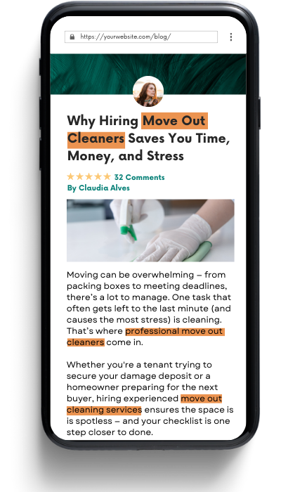 A smartphone displaying a blog titled "Why Hiring Move Out Cleaners Saves You Time, Money, and Stress" by Claudia Alves. It shows cleaning gloves and text about the benefits of professional cleaning services during moving out.