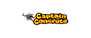 Logo with the text "Captain Concrete" in bold, orange letters outlined in black. A cartoon character with a helmet and wrench is behind the text, adding a playful touch to the logo.
