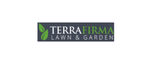 Logo for Terra Firma Lawn & Garden with a dark background. The text is white, except for "FIRMA," which is in green, accompanied by a green leaf design on the left.