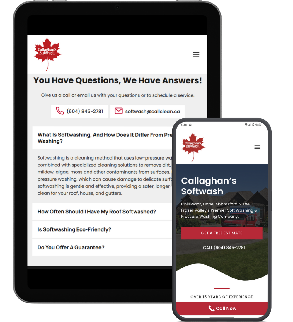 A tablet and a smartphone display the Callaghan’s Softwash website, featuring contact info and FAQs. The site has a red maple leaf logo and a prominent "Get a Free Estimate" button on the phone screen.