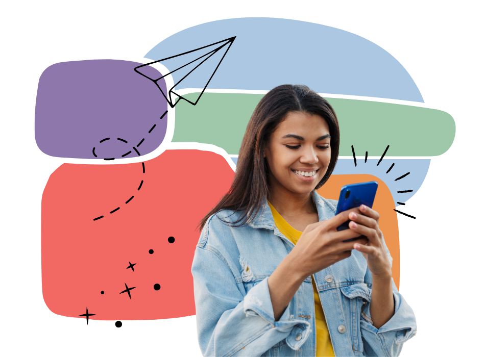 A young woman in a denim jacket smiles while using her smartphone, standing in front of colorful, abstract shapes and doodles, including a paper airplane and stars.