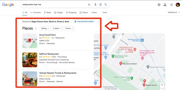 A Google search results page for "restaurants near me" showing a map and a list of three nearby restaurants with names, brief descriptions, and ratings on the left side of the screen. A red arrow points to the list.