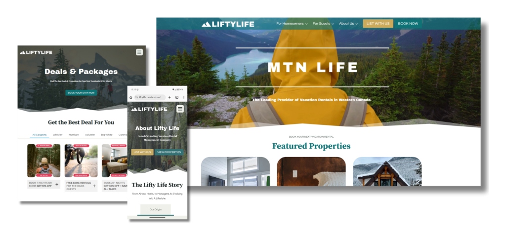 A collage displays the LiftyLife vacation rental website on desktop and mobile views, featuring property listings, a mountain landscape header, and navigation menus for deals, packages, and information.