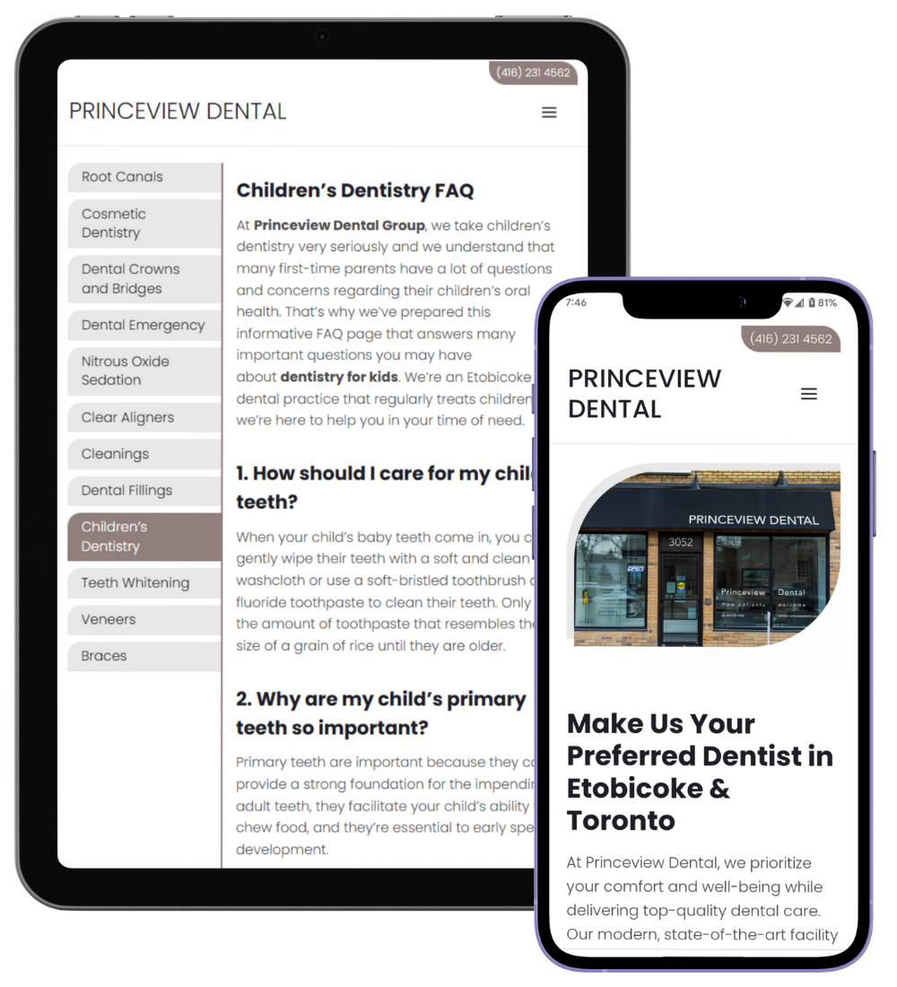 Two mobile devices display Princeview Dental’s website. The tablet shows a children’s dentistry FAQ page with a sidebar menu, while the phone displays the homepage with the clinic’s entrance photo and a welcome message.