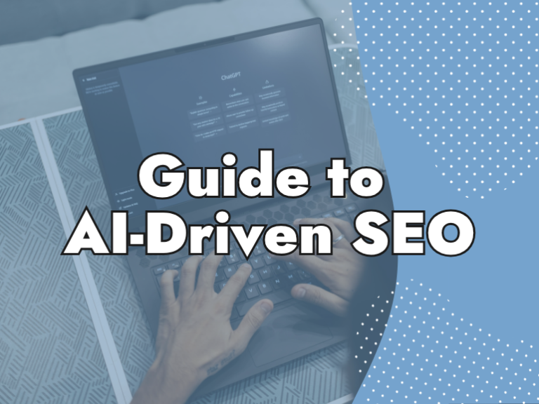 Hands typing on a laptop keyboard with a website open on the screen; overlaid text reads "Guide to AI-Driven SEO & Website Security" with a blue dotted design on the right side of the image.