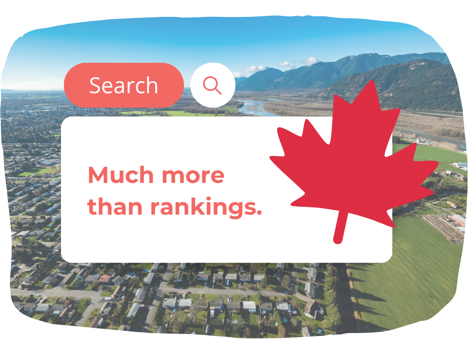 A red search bar and maple leaf icon overlay a scenic aerial view of a town with mountains. Text reads: “Much more than rankings.” Discover Chilliwack SEO Services for results that truly elevate your local presence.