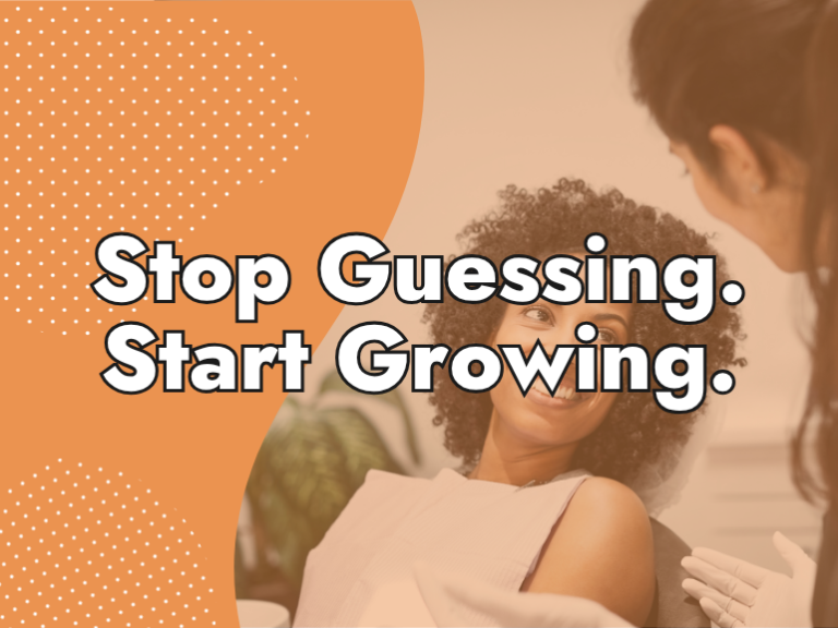 A smiling woman with curly hair sits in a chair, speaking to another person. Large text over the image reads, "Stop Guessing. Start Growing." The background features an orange design with white dots.