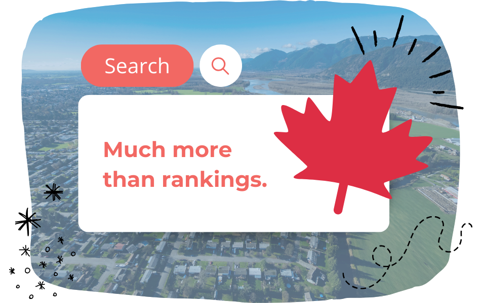 A search bar with the words “Much more than rankings” sits over a scenic aerial view of a town, featuring Chilliwack SEO elements, with a red maple leaf graphic and decorative doodles enhancing the design.