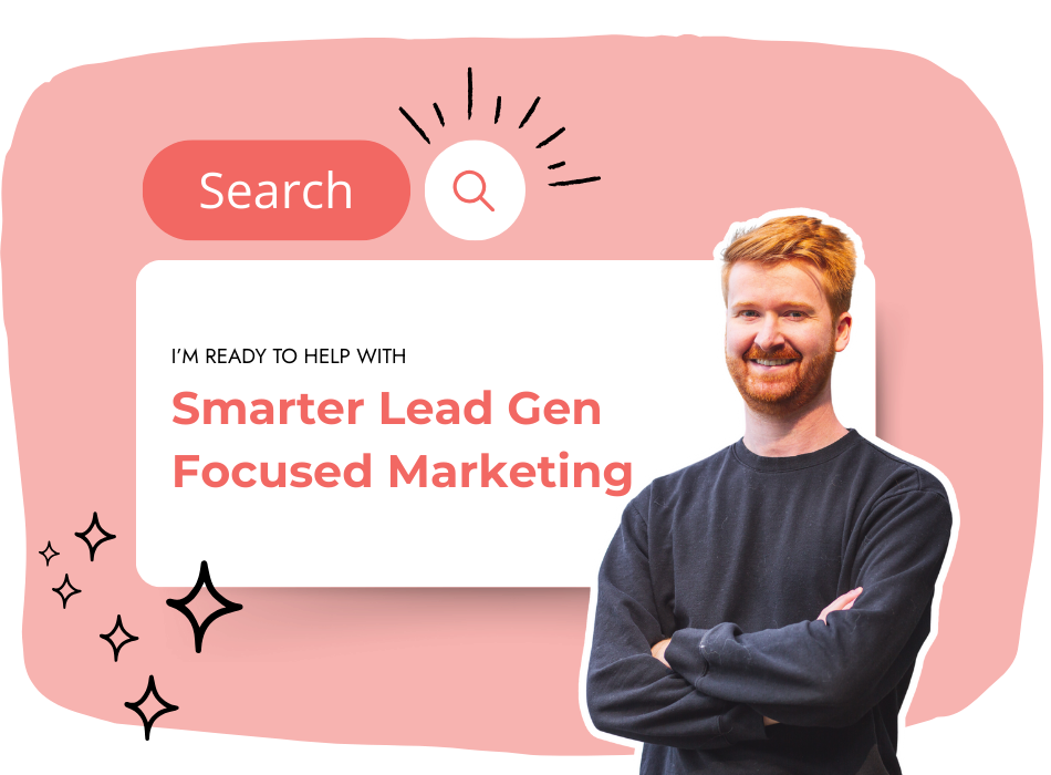 A smiling man with red hair and a beard stands with arms crossed next to a graphic that reads, "I’m ready to help with Smarter Lead Gen Focused Marketing." A search bar and decorative icons are also visible.