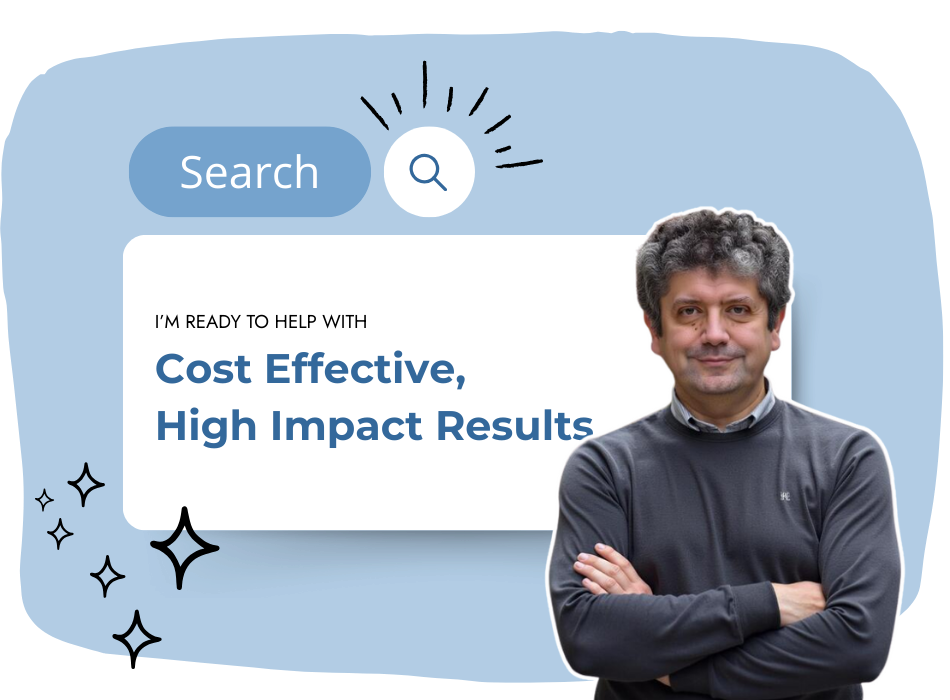 A man with curly hair and a slight smile stands with arms crossed beside a graphic that reads, "I’m ready to help with cost effective, high impact results." A search bar and star icons are also featured in the design.