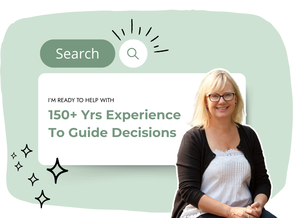 A smiling woman with blonde hair and glasses sits in front of a graphic that says, "I'm ready to help with 150+ yrs experience to guide decisions." A search bar and decorative star icons are included in the design.
