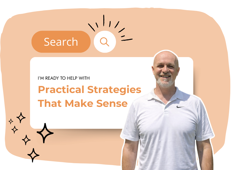 A smiling bald man in a white polo shirt stands in front of a peach-colored background with a search bar graphic and the text, “Practical Strategies That Make Sense.” Decorative stars are on the left side.