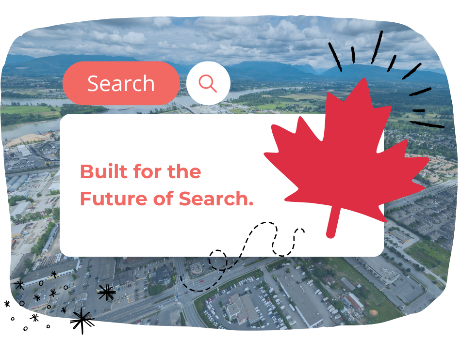 A search bar and magnifying glass icon overlaid on an aerial view of a city, with the text "Built for the Future of Search", a large red maple leaf graphic, and a nod to Langley SEO expertise.