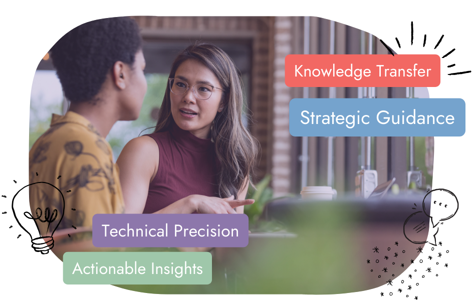 Two women sit at a table engaged in conversation, with colorful text boxes overlayed reading: “Knowledge Transfer,” “Strategic Guidance,” “Technical Precision,” and “Actionable Insights.” Hand-drawn light bulb and doodle graphics decorate the image.