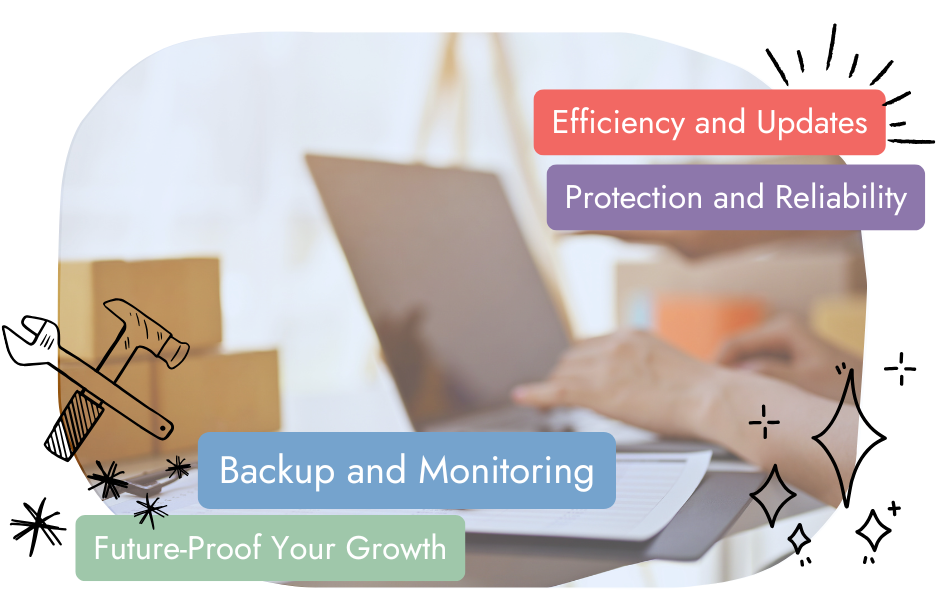 Person using a laptop at a desk with boxes in the background. Text overlays read: Efficiency and Updates, Protection and Reliability, Backup and Monitoring, and Future-Proof Your Growth, with decorative icons.
