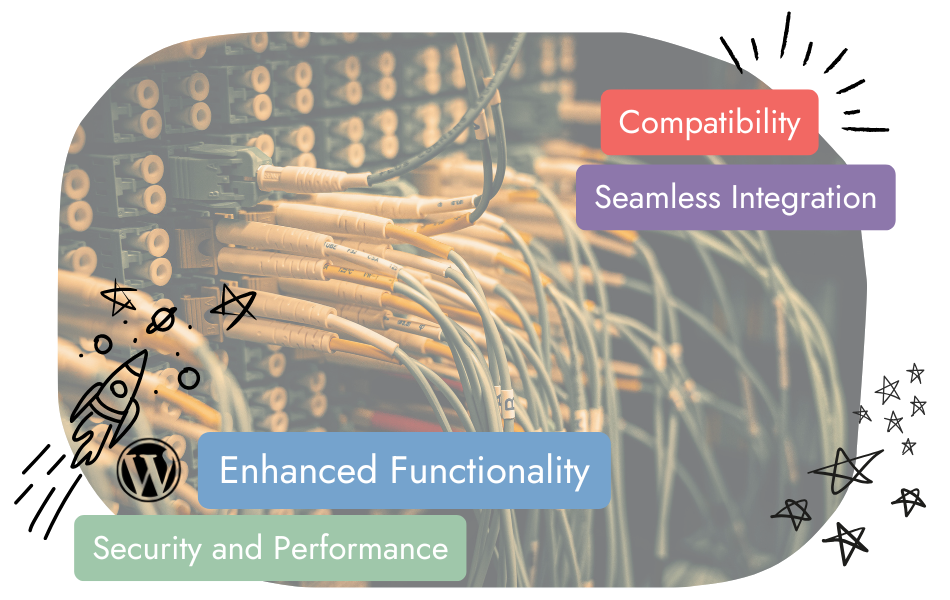 A network server with multiple cables is overlaid with colorful labels reading “Compatibility,” “Seamless Integration,” “Enhanced Functionality,” and “Security and Performance,” along with WordPress and doodle graphics.
