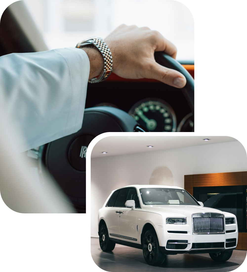 A close-up of a person’s hand wearing a watch on a Rolls-Royce steering wheel, overlapped with an image of a white Rolls-Royce SUV in a showroom, showcasing luxury and elegance—perfect inspiration for Willson Design Website Design.