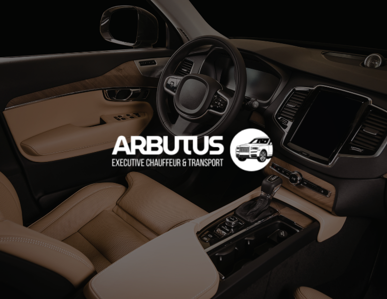 A luxury car interior featuring beige leather seats and modern dashboard controls, with the Arbutus Executive Chauffeur & Transport logo, a car icon, and a subtle nod to Willson Design Website Design overlayed in the center.