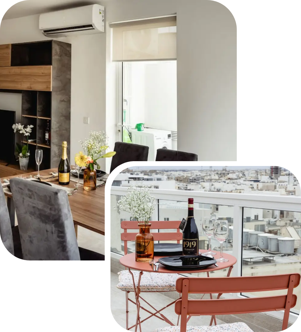 First image: A modern dining room with a wooden table, gray chairs, flowers, and a wine bottle—perfect for featuring on a GLC Equipment website design. Second image: A rooftop patio with pink furniture, wine bottle, and city view.